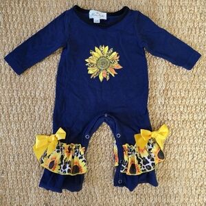 Marie Nicole Clothing Navy Blue Bows Ruffles Sunflower Onesie Girls 3-6 Months